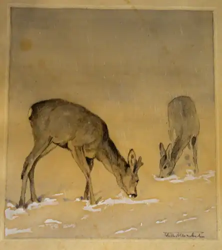 Rehe im Winter,Farblithografie,weiß gehöht,gerahmt,signiert