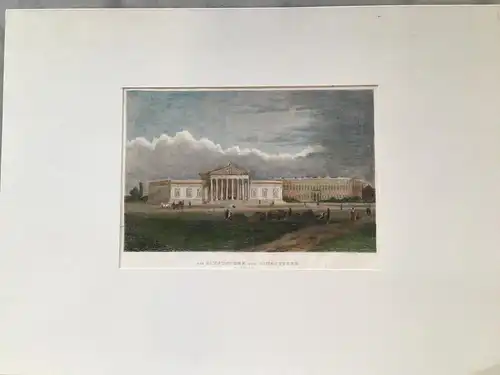 Grafik,Stahlstich, Die Glyptothek und Pinakothek in München,koloriert