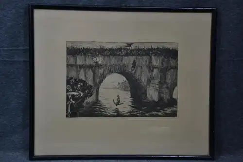 Lithografie, Kampf auf einer Brücke, wohl um 1900, unbek. Künstler