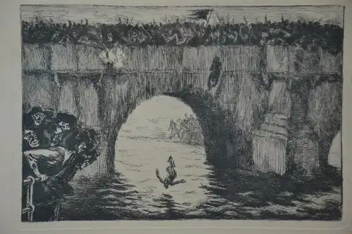 Lithografie, Kampf auf einer Brücke, wohl um 1900, unbek. Künstler