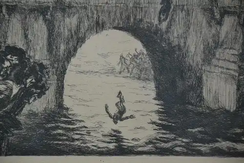Lithografie, Kampf auf einer Brücke, wohl um 1900, unbek. Künstler