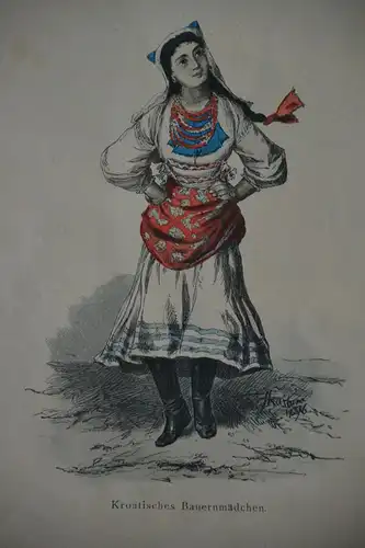 Kupferstich koloriert, Kroatisches Bauernmädchen, Kostümkunde, etwa 1850