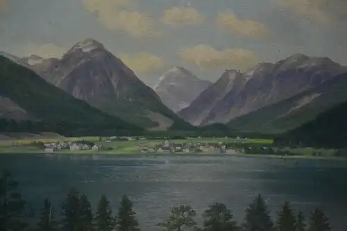 Ölgemälde, Berglandschaft mit See und Dorf, K. Darrer?1897, Zell am See