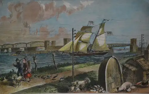 Stahlstich, koloriert, Brücke über Diep, Holland, L.v. Elliot