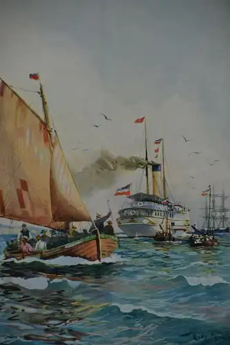 Druck, Aquarell von Willy Stöwer, Sommer an der Küste, etwa 1915