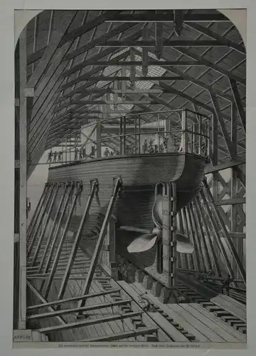 Stahlstich, Panzerkorvette Hansa auf Danziger Werft, gez. H.B.Wilson