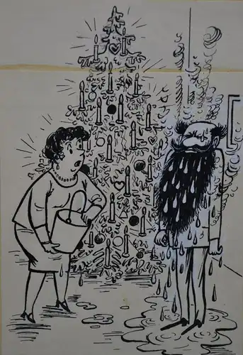 Tuschzeichnung, Alexander Knuth, Weihnachtscartoon, etwa 1950