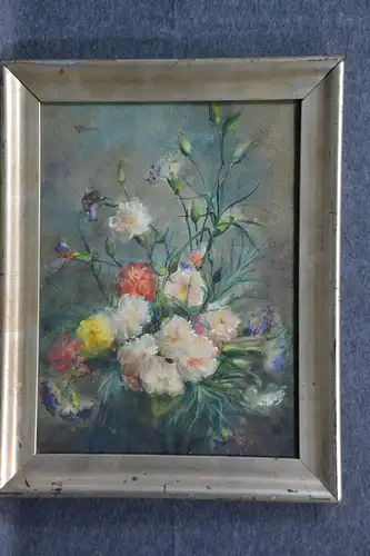 Aquarell, Stilleben mit Blumen,Nelken, Fanny Brauer, Rahmen vergoldet