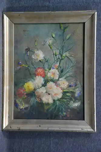 Aquarell, Stilleben mit Blumen,Nelken, Fanny Brauer, Rahmen vergoldet