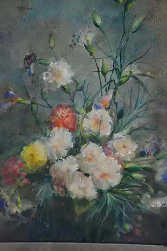 Aquarell, Stilleben mit Blumen,Nelken, Fanny Brauer, Rahmen vergoldet