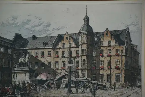 Stich nach Tuschezeichnung, koloriert, Meidenberger, Düsseldorfer Markt