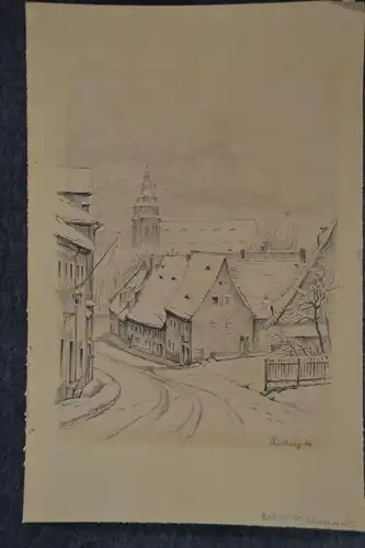 Bleistiftzeichnung, Dorf, Rathing 1944