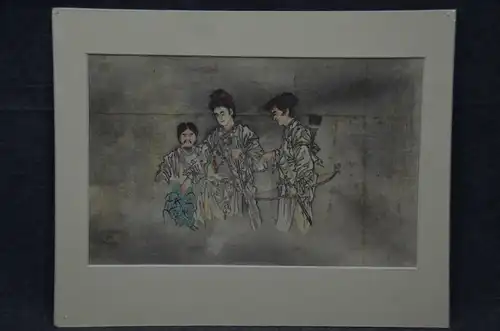 Tuschzeichnung koloriert, China, 3 Männer, Krieger, auf Seidenpapier
