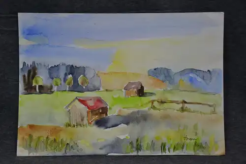 Aquarell, Landschaft mit Hütten, Hron