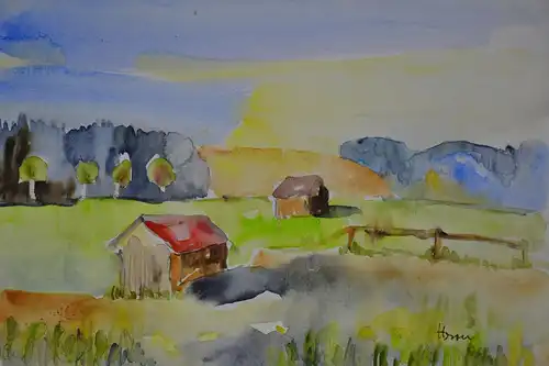 Aquarell, Landschaft mit Hütten, Hron