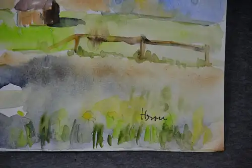 Aquarell, Landschaft mit Hütten, Hron