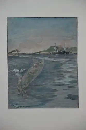Holzschnitt, koloriert, Manoeuvres Navales, Ajaccio, etwa 1880