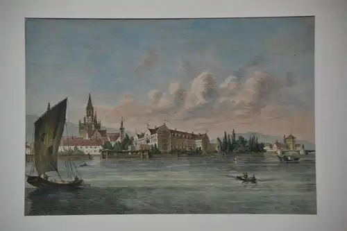 Holzschnitt, koloriert, Inselhotel Konstanz, F. Faller, etwa 1870