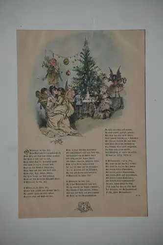 Stahlstich, koloriert, Winterzeit Gedicht, Weihnachten, etwa 1870