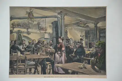 Kupferstich koloriert, Beim bayerischen Donisl, Gemälde v. Piltz, etwa 1900