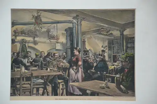 Kupferstich koloriert, Beim bayerischen Donisl, Gemälde v. Piltz, etwa 1900