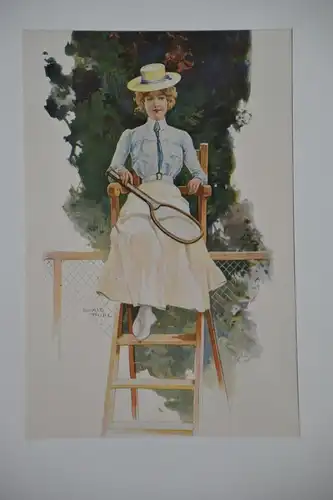 Stahlstich, koloriert, Tennis, Ewald Thiel, etwa 1900
