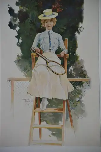 Stahlstich, koloriert, Tennis, Ewald Thiel, etwa 1900
