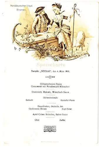 Dampfer Neckar,04.03.1911,Norddeutscher LLoyd Bremen,Speisekarte ,
