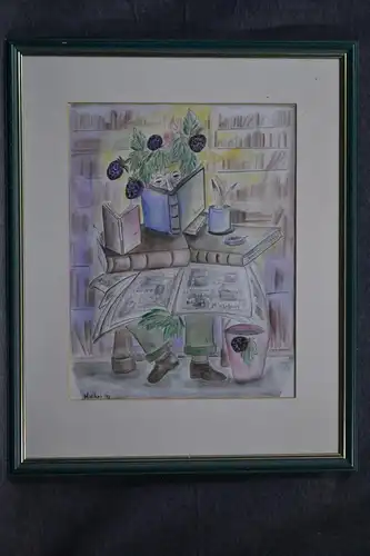 Bleistiftzeichnung, koloriert, Lesender Mann, Halikri , 1992