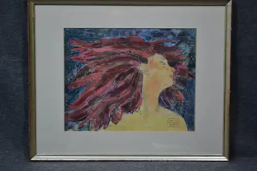 Lithografie, Frauenkopf mit roten Haaren, sign. MM, 1989