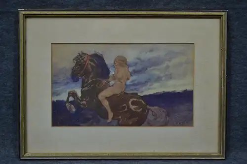 Aquarell, F.X. Weisheit, Pferd und nackter Reiter, etwa 1930