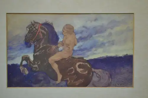 Aquarell, F.X. Weisheit, Pferd und nackter Reiter, etwa 1930
