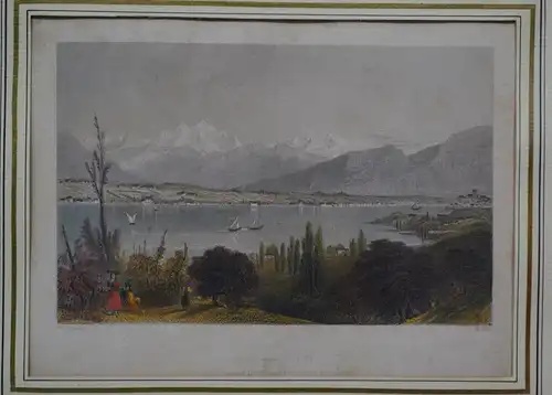 Stahlstich, handkoloriert,Lake Leman,Villa Lord Byron, Bartlett, Hill,gerahmt