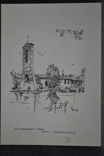 München,Tuschfederzeichnung,Bauer-Oltsch,Original,München, Gethsemanekirche