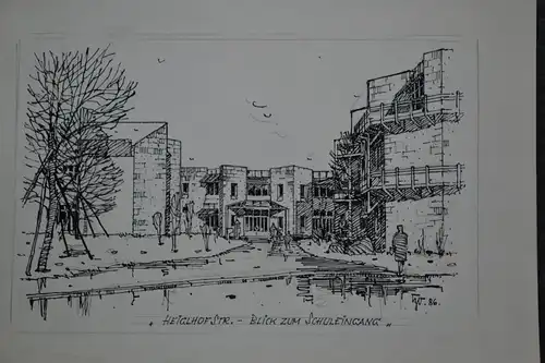 München,Tuschfederzeichnung,Bauer-Oltsch,Original,München, Schule Heiglhofstr.