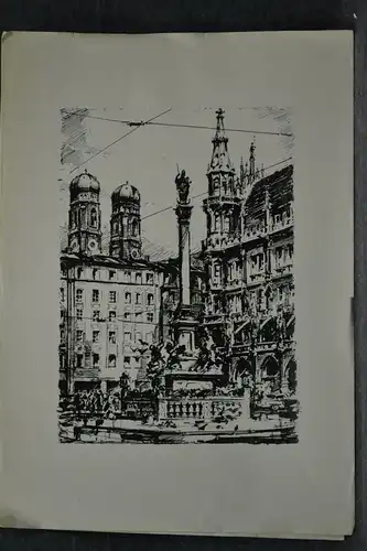 München,Tuschfederzeichnung,Bauer-Oltsch,Original,München, Marienplatz