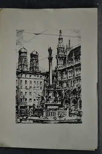 München,Tuschfederzeichnung,Bauer-Oltsch,Original,München, Marienplatz