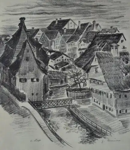 Kohlezeichnung, Häuser am Bach, G. Neururer, etwa 1920