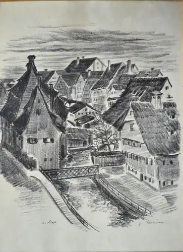 Kohlezeichnung, Häuser am Bach, G. Neururer, etwa 1920