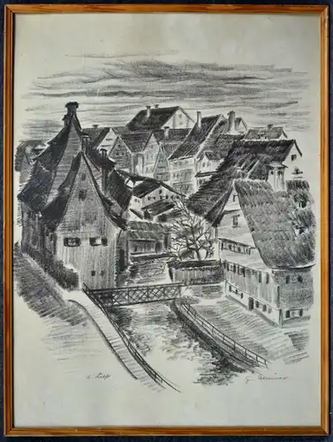 Kohlezeichnung, Häuser am Bach, G. Neururer, etwa 1920