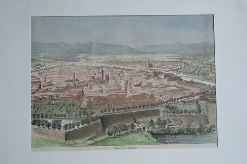 Holzstich koloriert, Parma aus der Vogelschau, etwa 1870,Passepartout