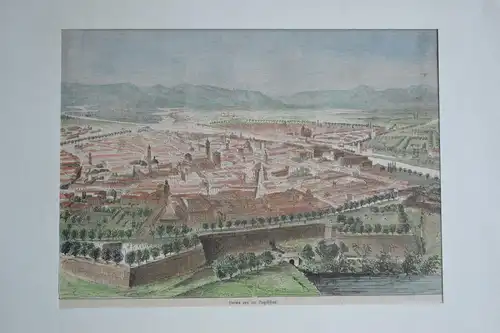 Holzstich koloriert, Parma aus der Vogelschau, etwa 1870,Passepartout