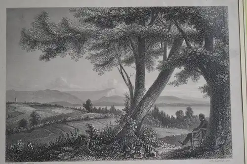 Stahlstich, Starnberger See, Rottmanns Ruhe, 1885, Engl. Kunstanstalt