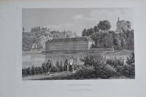 Stahlstich, Kloster Weltenburg, Donau, Grünewald, ca. 1850