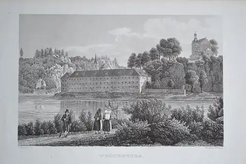 Stahlstich, Kloster Weltenburg, Donau, Grünewald, ca. 1850