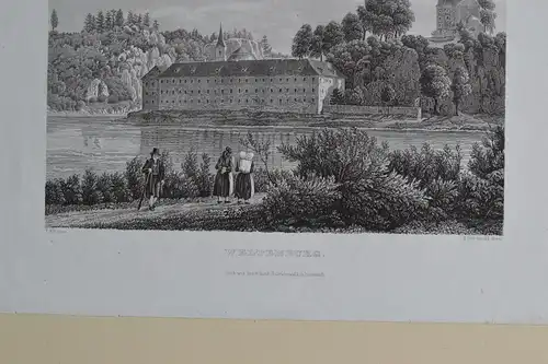 Stahlstich, Kloster Weltenburg, Donau, Grünewald, ca. 1850