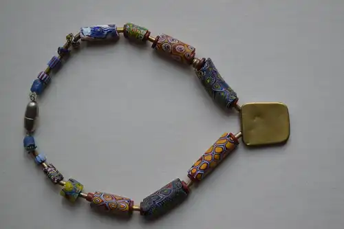 Schmuck,Halskette,Glas,Millefiori, Messing-Silberapplikation ca. 32 cm, 1960er