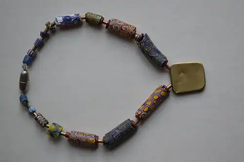 Schmuck,Halskette,Glas,Millefiori, Messing-Silberapplikation ca. 32 cm, 1960er