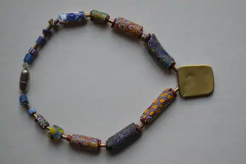 Schmuck,Halskette,Glas,Millefiori, Messing-Silberapplikation ca. 32 cm, 1960er