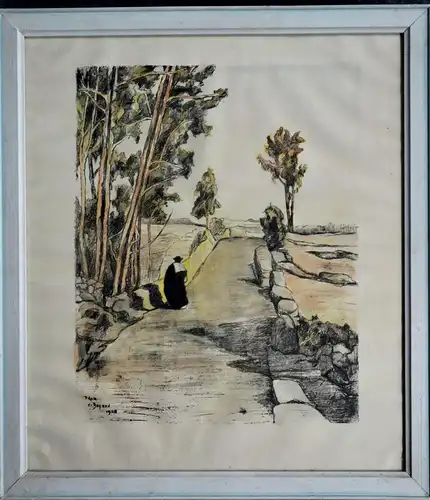 Lithografie, Landschaft mit Priester, Pilar von Bayern, 1928